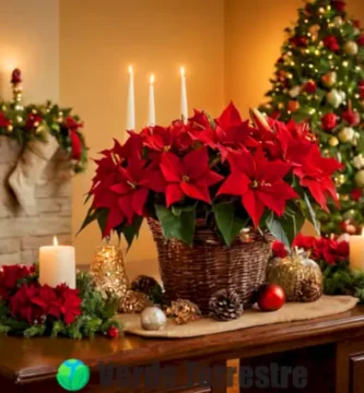 Arreglo de 15 flores navideñas en una sala festiva con iluminación cálida y decoraciones