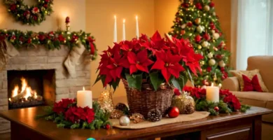 Arreglo de 15 flores navideñas en una sala festiva con iluminación cálida y decoraciones