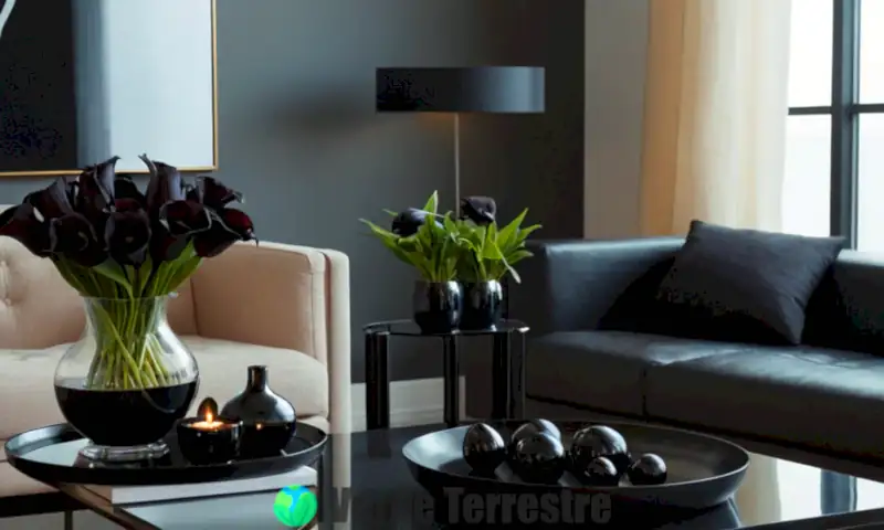 Sala moderna con diez tipos diferentes de flores negras en jarrones sobre una mesa de café, iluminada suavemente