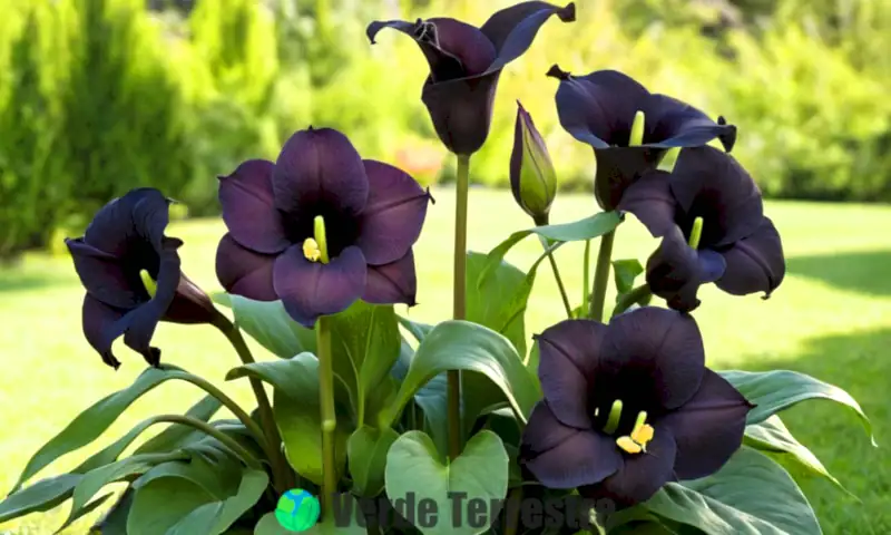 Jardín elegante con diez flores negras en plena floración rodeadas de vegetación verde y luz suave