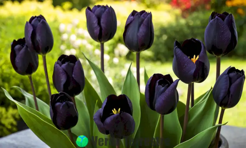 Arreglo elegante de diez tipos de flores negras en un jardín sereno, con tulipanes, rosas y lirios rodeados de follaje verde y un fondo etéreo