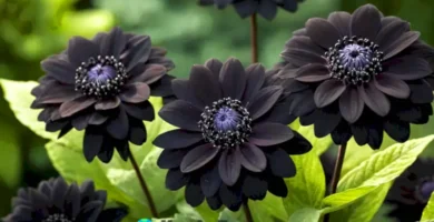 Primer plano de diez flores negras en un jardín exuberante