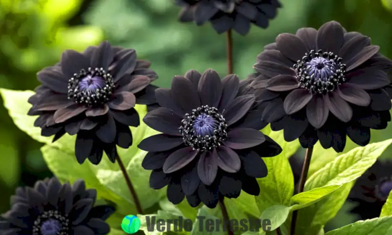 Primer plano de diez flores negras en un jardín exuberante
