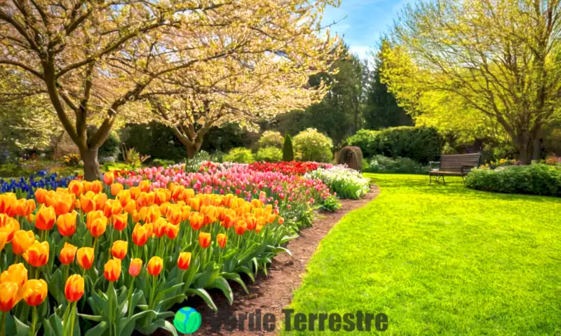 Jardín primaveral vibrante con diversas flores bajo un cielo azul, adornado con herramientas de jardinería y elementos decorativos