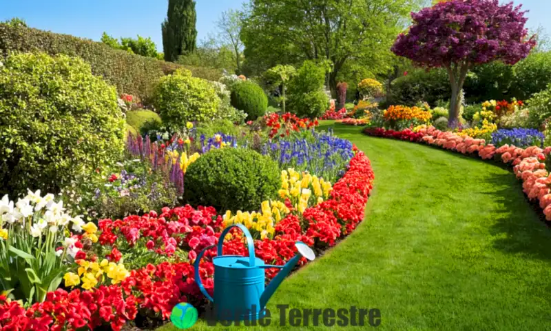 Jardín vibrante con 22 flores de primavera en plena floración, cielo azul y herramientas de jardinería