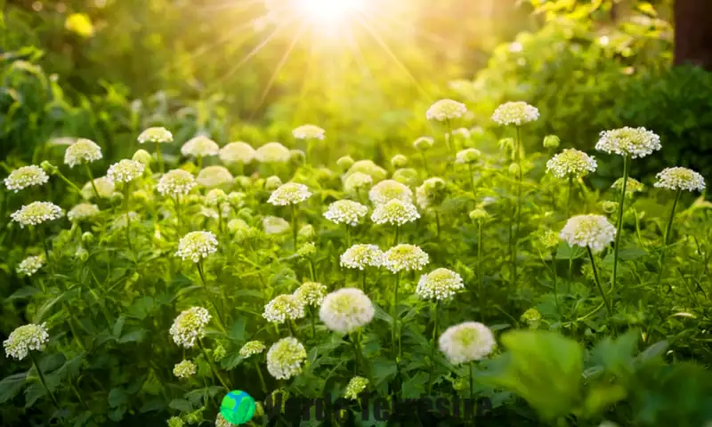 Ilustración serena de 15 flores verdes naturales en un fondo suave, iluminadas por luz etérea y con toques de simbolismo espiritual