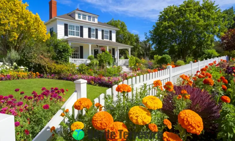 Jardín encantador con 16 plantas florales vibrantes bajo un cielo soleado, cercado por una cerca blanca y un sendero acogedor