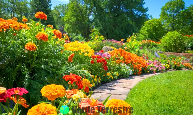 Jardín vibrante con 16 plantas florales resistentes bajo el sol, con colores vivos y un cielo azul