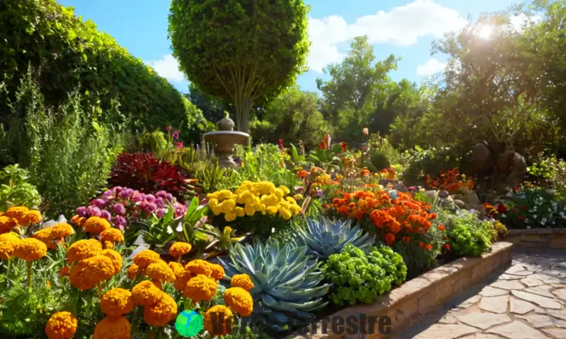 Jardín vibrante con plantas resistentes al sol, flores coloridas y mariposas bajo un cielo azul