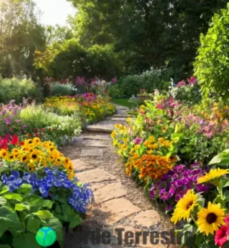 Jardín vibrante con 16 plantas florecientes bajo el sol
