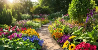 Jardín vibrante con 16 plantas florecientes bajo el sol
