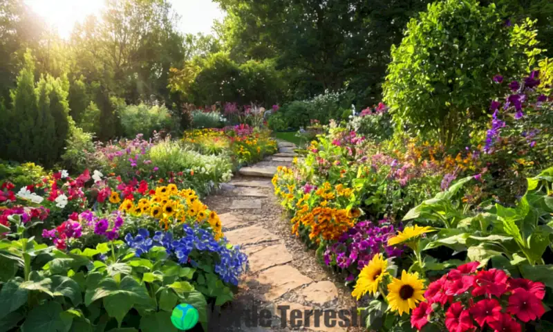 Jardín vibrante con 16 plantas florecientes bajo el sol