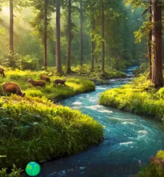 Ilustración colorida que muestra el flujo de energía en un ecosistema con un bosque