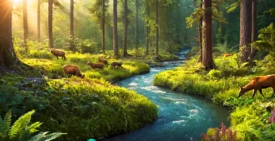 Ilustración colorida que muestra el flujo de energía en un ecosistema con un bosque