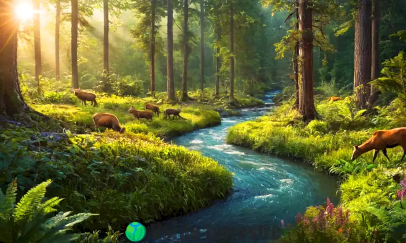 Ilustración colorida que muestra el flujo de energía en un ecosistema con un bosque