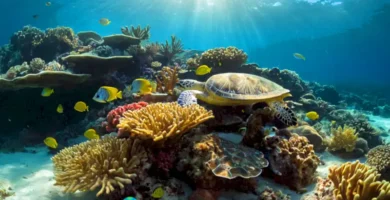 Paisaje submarino vibrante con arrecifes de coral