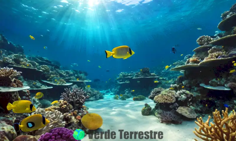 Escena submarina con arrecifes de coral, peces y tortugas, que ilustra la biodiversidad y amenazas como la contaminación y sobrepesca