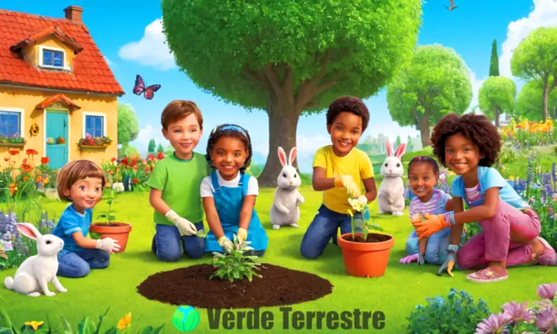 Niños diversos plantando árboles en un parque, sonriendo rodeados de flores y animales