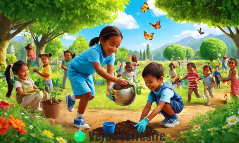 Niños diversos sonríen mientras plantan árboles y reciclan en un parque soleado y colorido