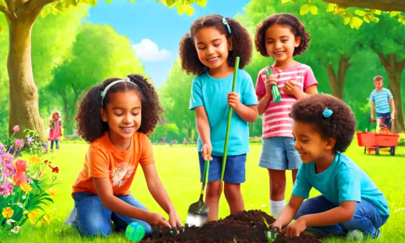 Niños plantando árboles y recogiendo basura en un parque soleado, rodeados de naturaleza y sonriendo
