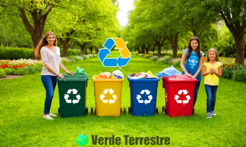 Imagen colorida sobre reciclaje, con un símbolo de reciclaje central y frases en banners, en un parque verde con niños jugando