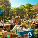 Grupo diverso de personas participando en actividades de reciclaje en un jardín comunitario vibrante