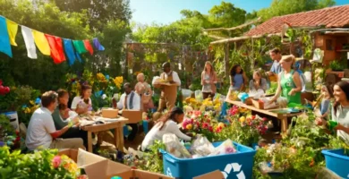 Grupo diverso de personas participando en actividades de reciclaje en un jardín comunitario vibrante