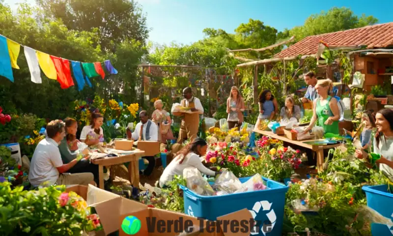 Grupo diverso de personas participando en actividades de reciclaje en un jardín comunitario vibrante