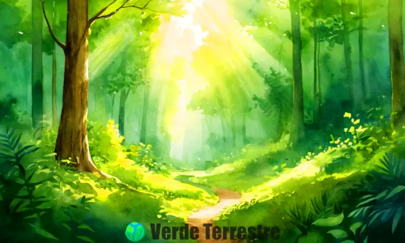 Ilustración inspiradora con frases ecológicas sobre un fondo de bosque sereno, vegetación vibrante y un estilo acuarelado