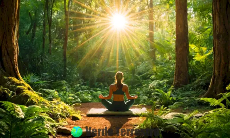 Persona meditando en un bosque vibrante con luz solar, rodeada de flora y fauna, mientras frases sobre conciencia ecológica fluyen en el paisaje