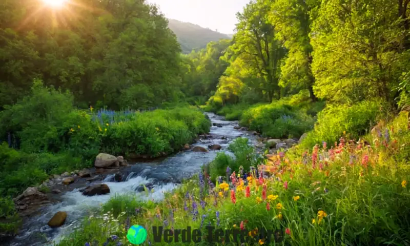 Escena natural serena con vegetación exuberante, flores coloridas y árboles majestuosos, donde frases de inspiración ecológica se integran artísticamente en el paisaje