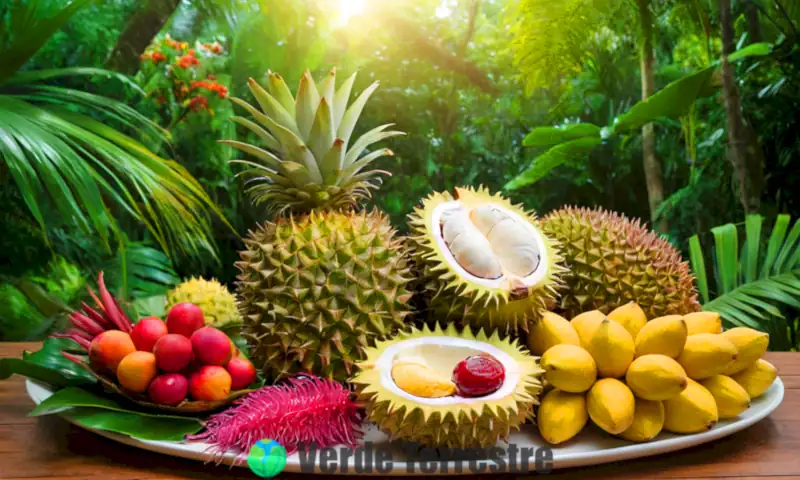 Exhibición vibrante de frutas exóticas en un entorno tropical con jungla y flores coloridas