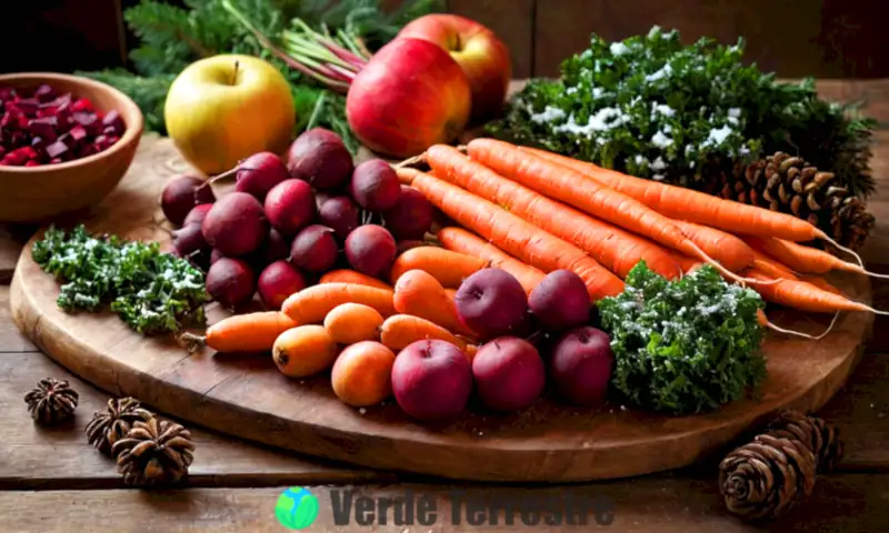 Frutas y verduras de invierno coloridas sobre una mesa de madera, rodeadas de copos de nieve y piñas