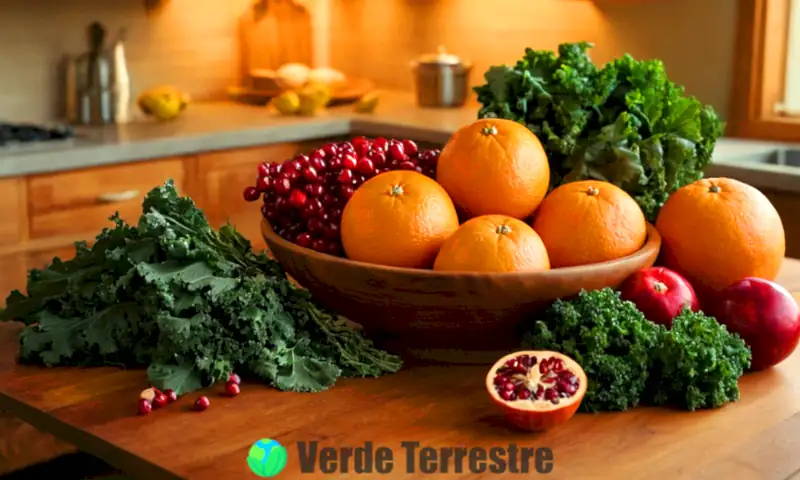 Estante de madera con frutas y verduras invernales como naranjas, granadas, mandarinas, col rizada y zanahorias en una cocina acogedora
