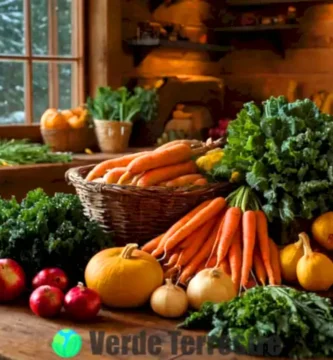 Naturaleza muerta de frutas y verduras de invierno en una mesa rústica