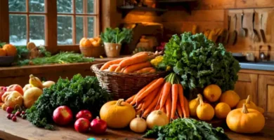 Naturaleza muerta de frutas y verduras de invierno en una mesa rústica