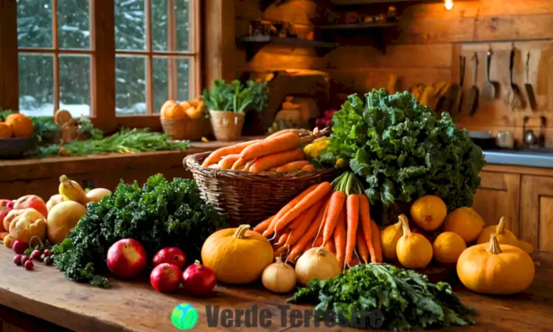 Naturaleza muerta de frutas y verduras de invierno en una mesa rústica