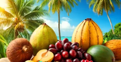 Ilustración vibrante de frutas de palma en un paisaje tropical