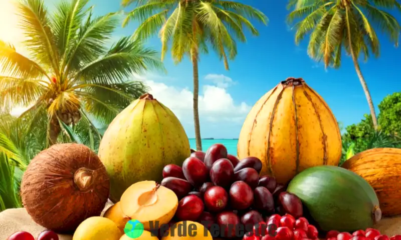 Ilustración vibrante de frutas de palma en un paisaje tropical