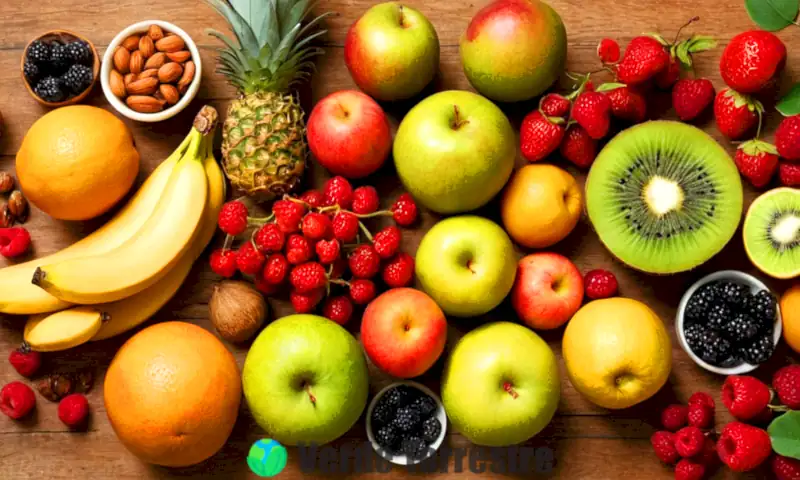 Ilustración botánica de frutas en un entorno natural, con etiquetas y un estilo antiguo realistico