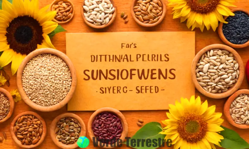 Ilustración botánica educacional que muestra frutos dehiscentes e indehiscentes, como vainas de soja y semillas de girasol, en un jardín con vegetación y flores coloridas