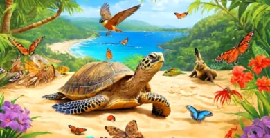 Animales en diversas actividades reproductivas en un entorno natural vibrante y biodiverso
