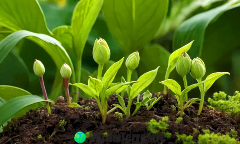 Ilustración botánica vibrante de plantas en brote, mostrando reproducción asexual en un entorno natural y detallado
