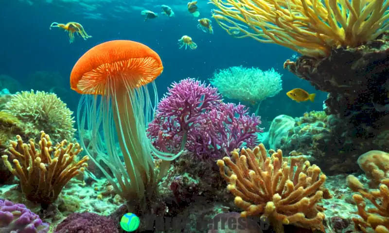 Ilustración vibrante de invertebrados reproduciéndose asexualmente mediante yemas en un fondo submarino con corales y plantas acuáticas