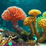Primer plano de organismos diversos mostrando la gemación como forma de reproducción asexual en un ambiente marino vibrante