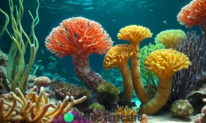 Primer plano de organismos diversos mostrando la gemación como forma de reproducción asexual en un ambiente marino vibrante