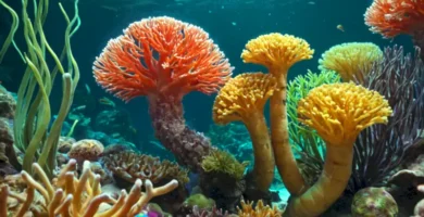 Primer plano de organismos diversos mostrando la gemación como forma de reproducción asexual en un ambiente marino vibrante
