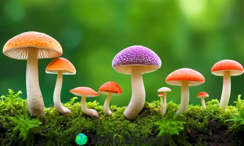 Ilustración realista de diferentes tipos de gemación en reproduccion asexual, mostrando hongos y plantas en un entorno natural
