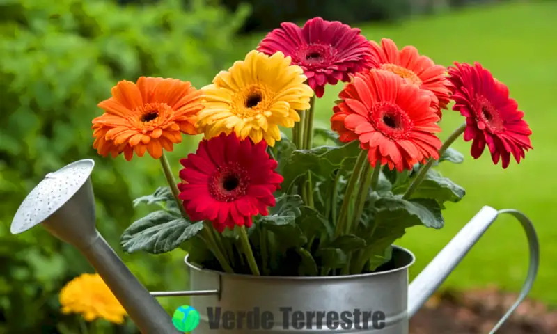 Primer plano de margaritas Gerbera de colores vibrantes en un jardín, iluminadas por luz suave, con herramientas de jardinería cerca