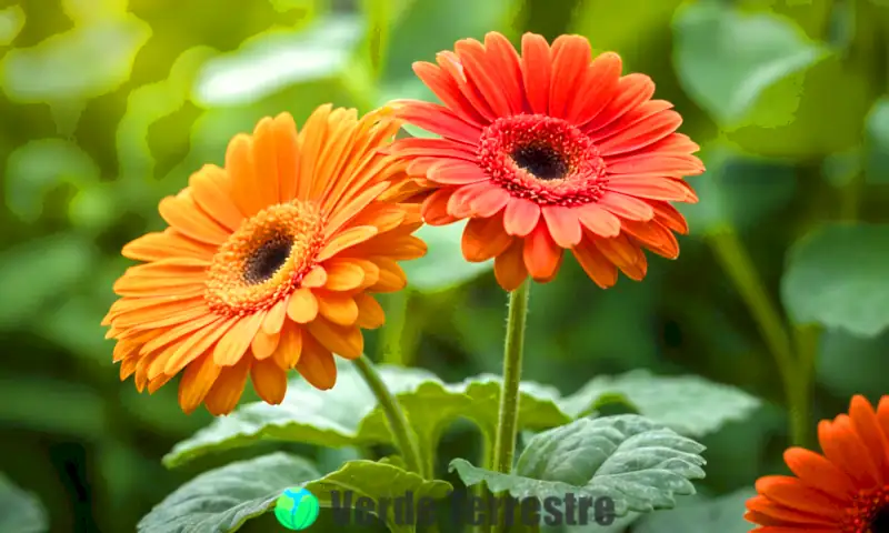 Flor de Gerbera vibrante en plena floración, rodeada de un jardín verde y iluminada por la luz del sol